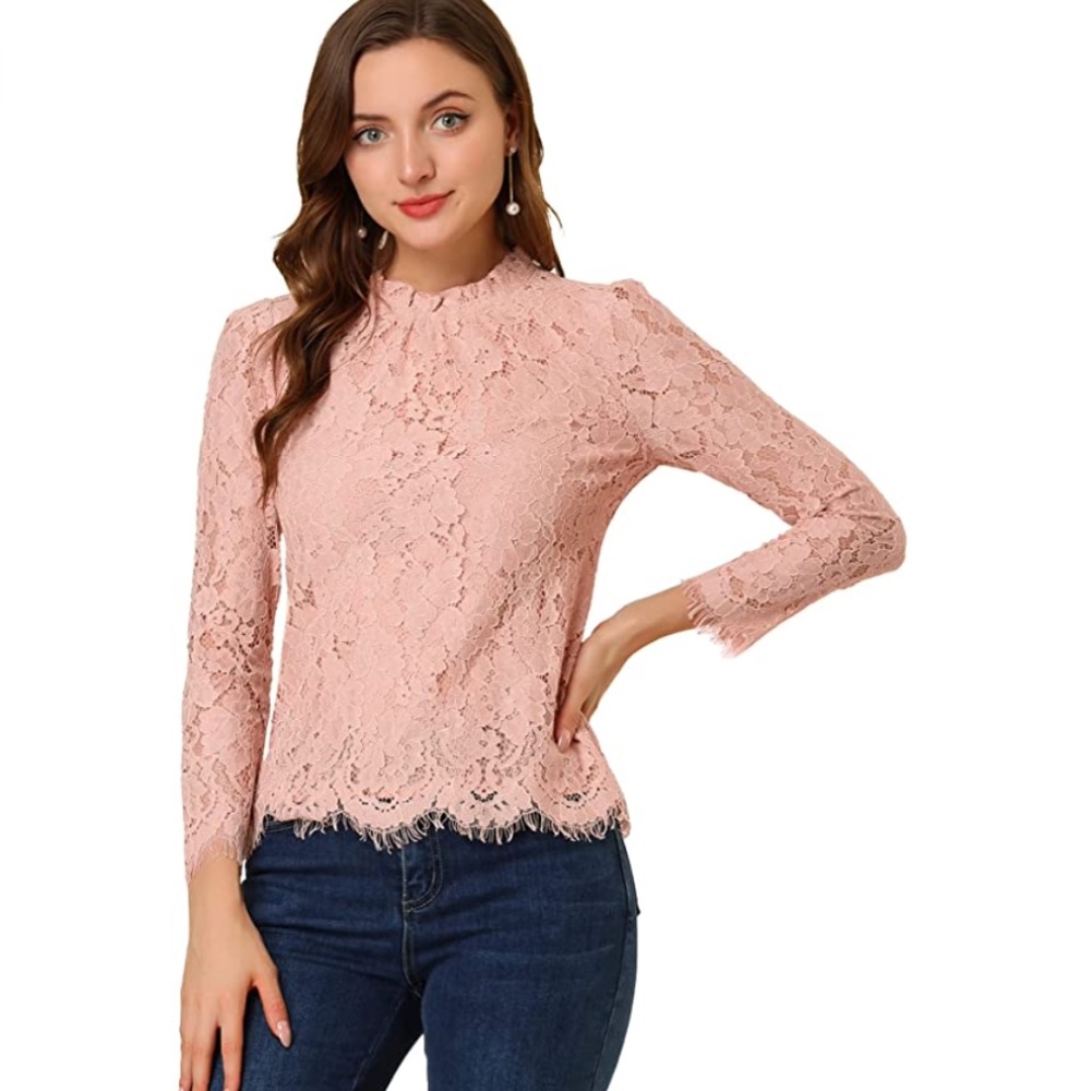 FOREVER 21 Long Sleeve Peach Tee with Feminine Lace Overlay | M